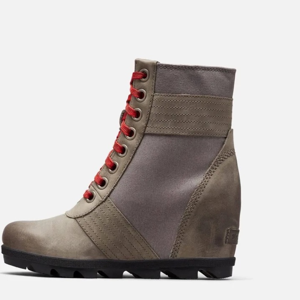 Sorel Boots Taupe Gray Lexie Wedge Suede Canvas 8.5